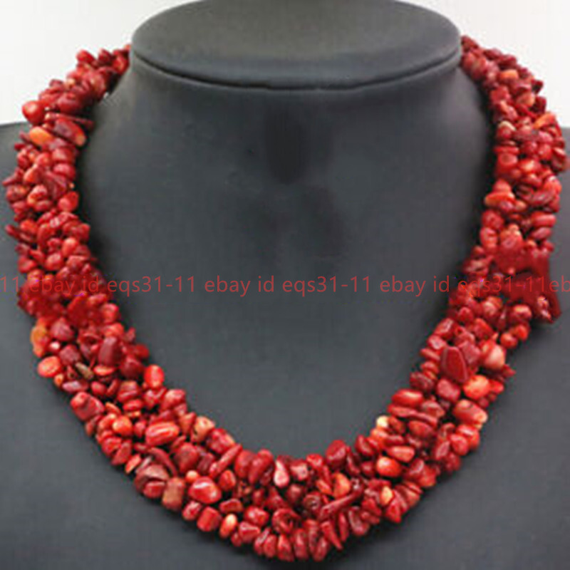 4 Row Natural 5x8mm Red Coral Freeform Gravel Gemstone beads Necklace 17-20″