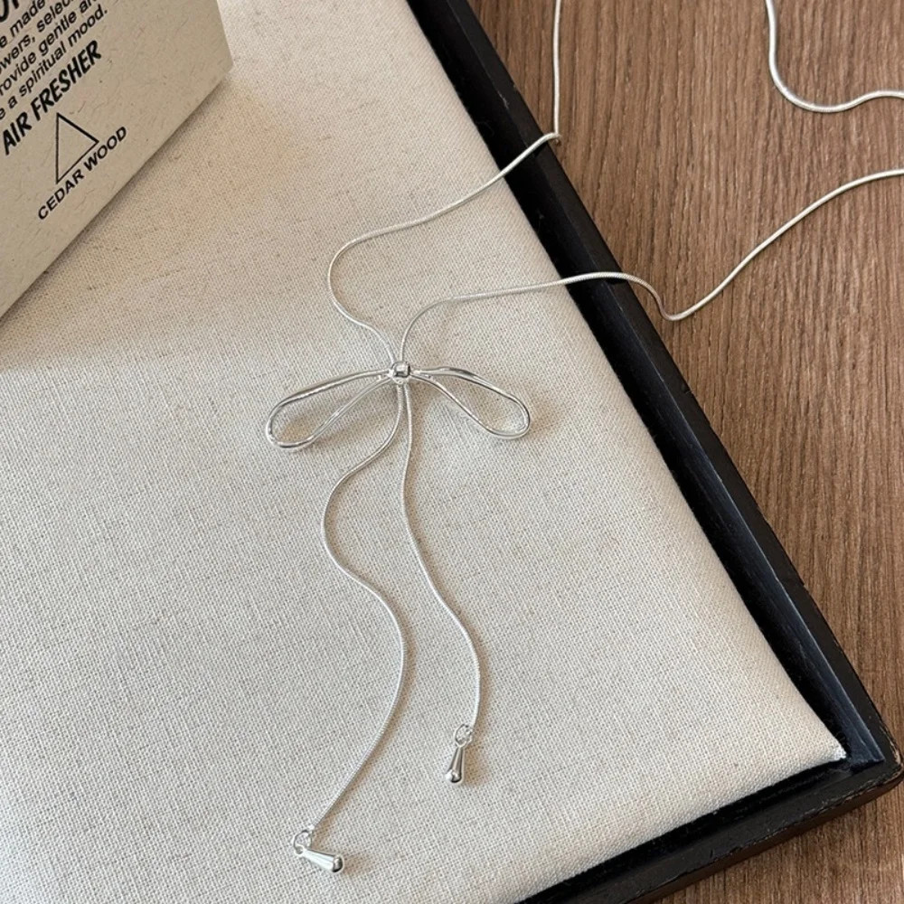 Gold Snake Chain Bow Necklace for Women Long Braided Sweater Chain Jewelery