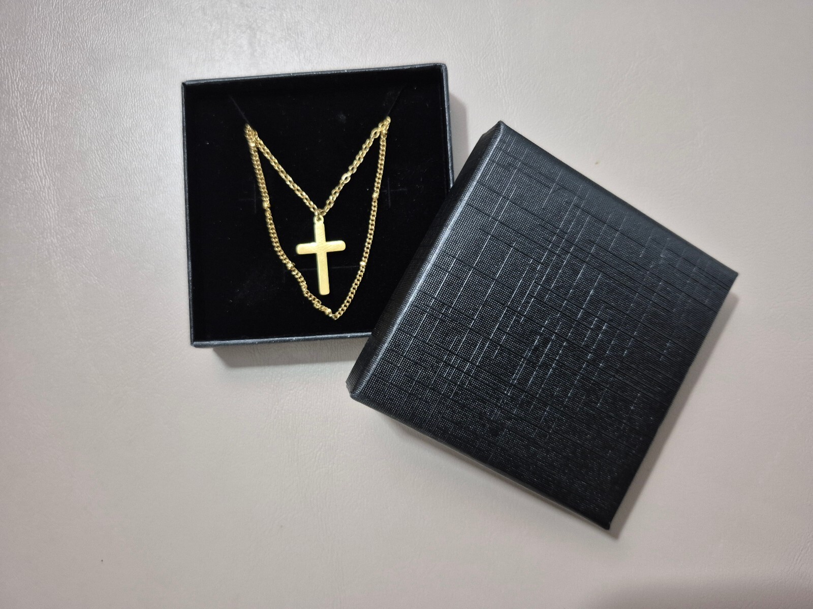 Gold-Tone Layered Cross Pendant Beaded Chain Necklace Set of 2