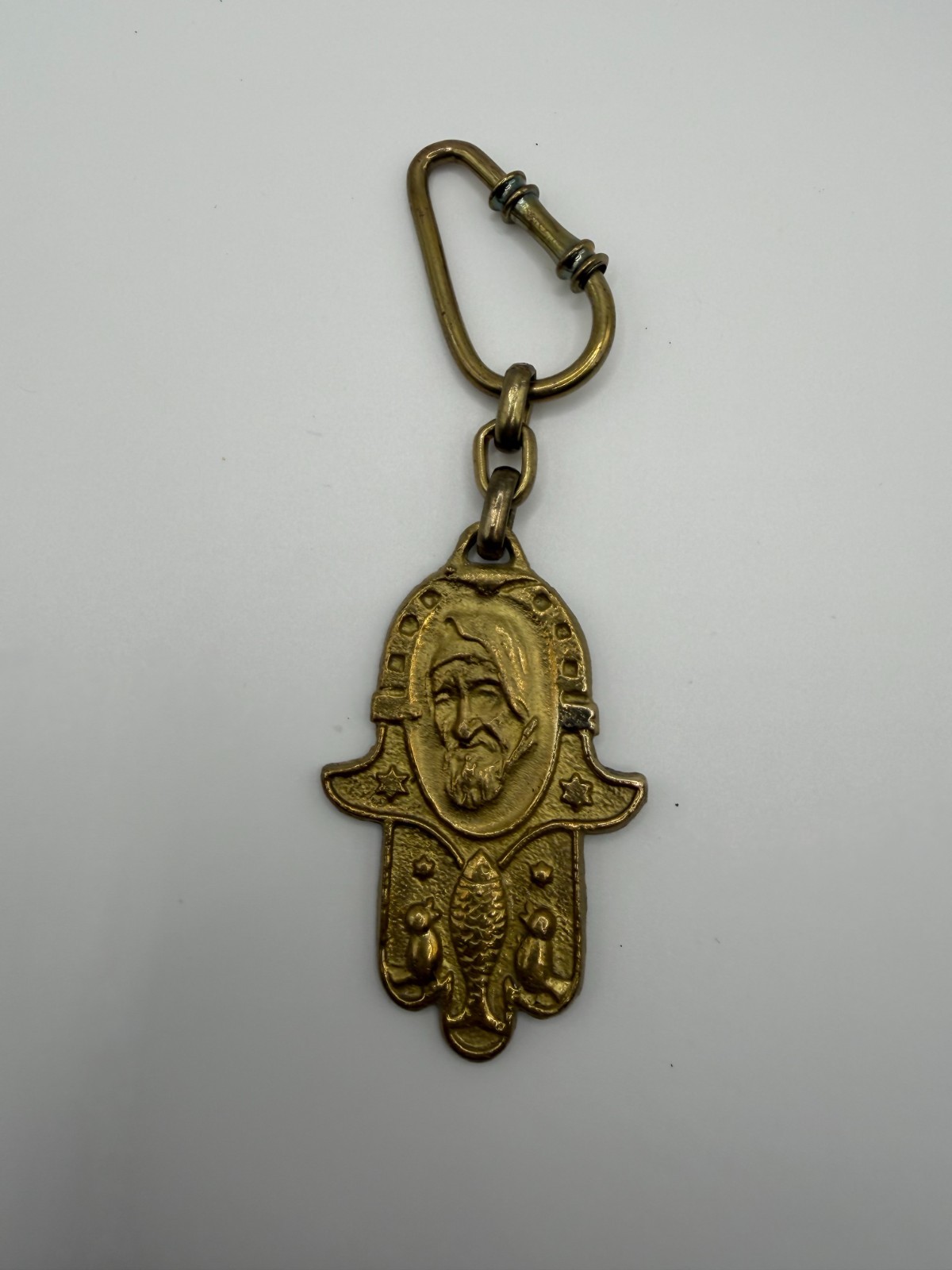 Vintage Brass Hamsa Penant Image Baba Sali-Revered Moroccan-Israeli Rabbi