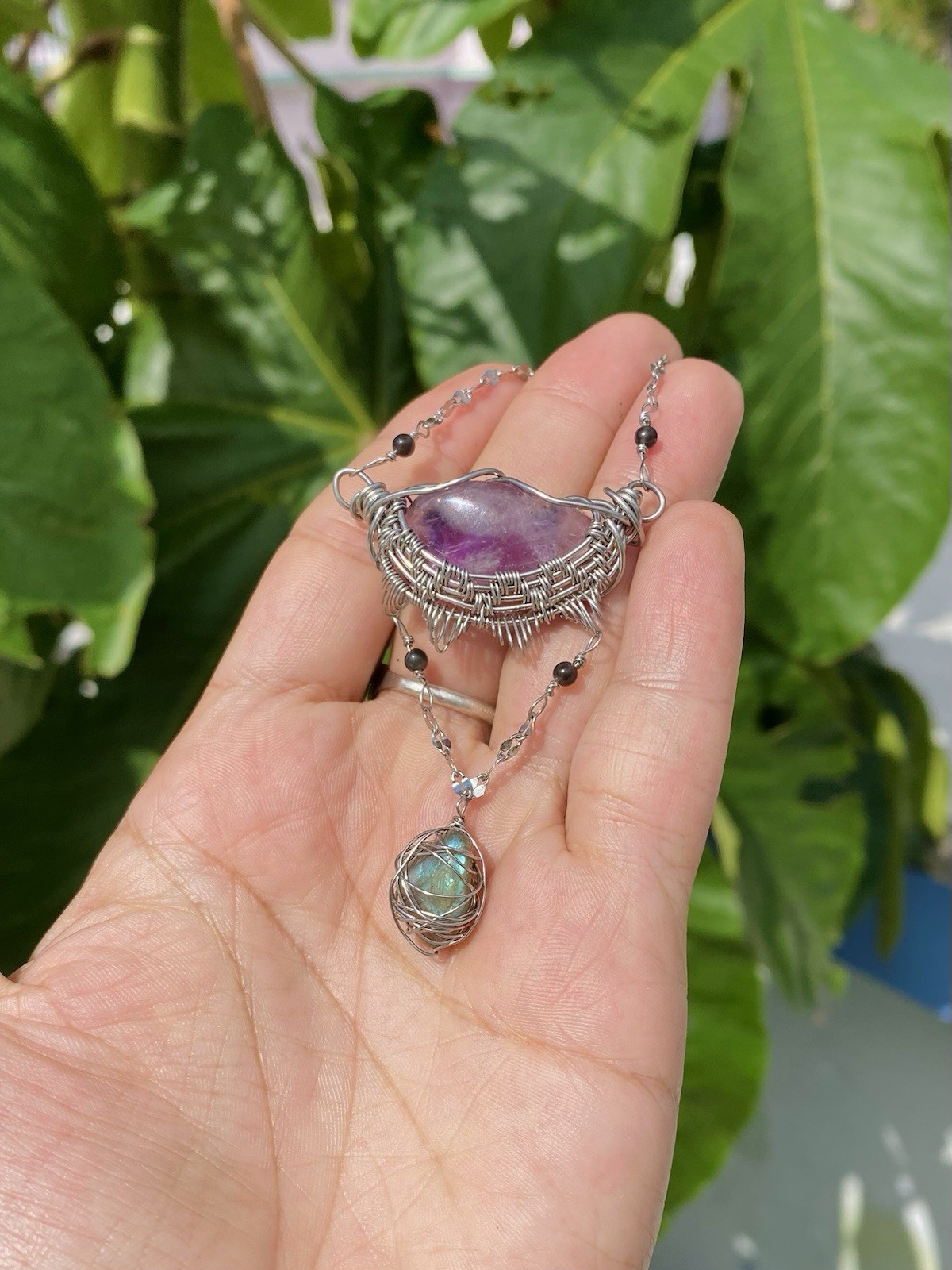 Handmade Amethyst & Labradorite Necklace Wire Wrapped Gemstones On Steel Chain