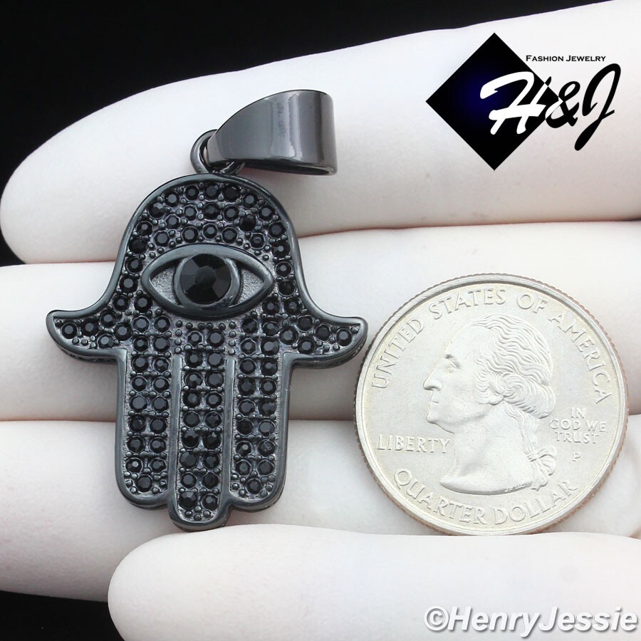 MEN Stainless Steel Icy Bling CZ Black Plated 3D Evil Eye Hamsa Hand Pendant*140