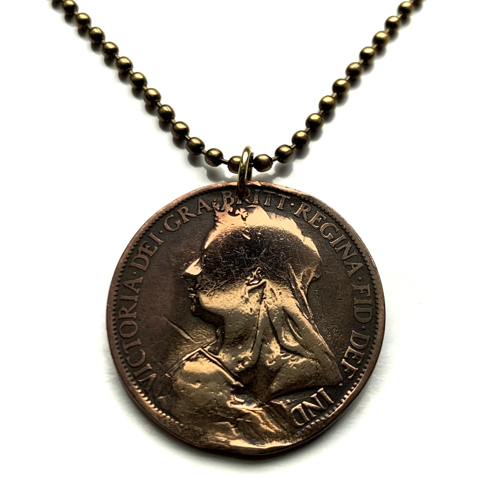 1895-1901 United Kingdom 1 Penny coin pendant Queen Victoria London Leeds 001616