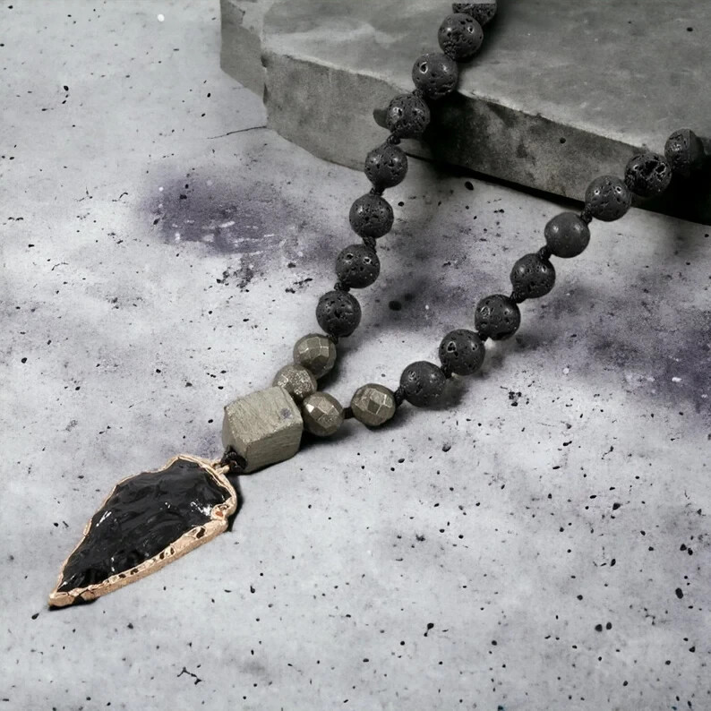 Black Obsidian Arrowhead Pendant lava Rock Pyrite Beads Meditation Necklace