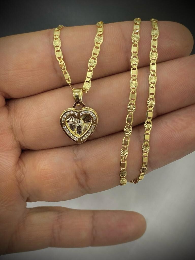 Heart CZ Virgen de Guadalupe Necklace Valentino Chain for Womens Gold F 15x13mm