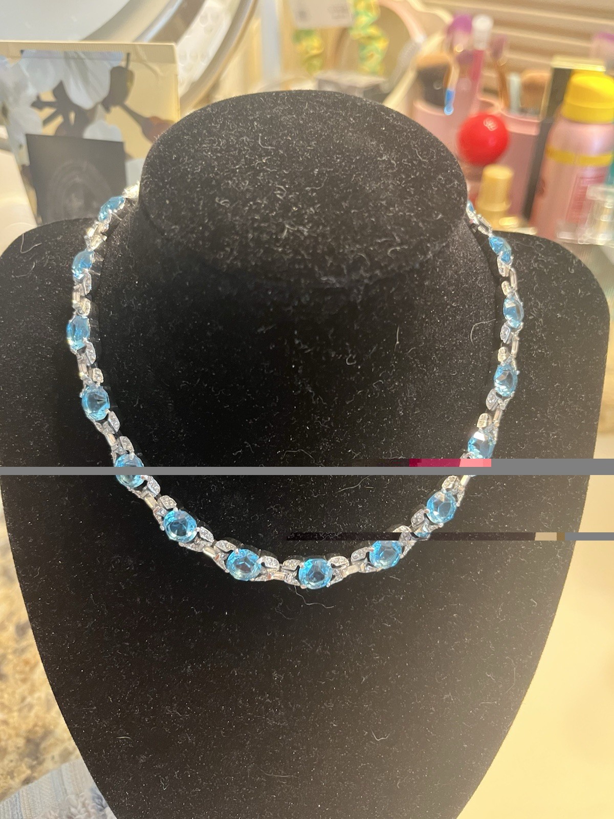 Vintage Blue Topaz & CZ Tennis Necklace Silver Tone Prong Set Box Clasp 14in.