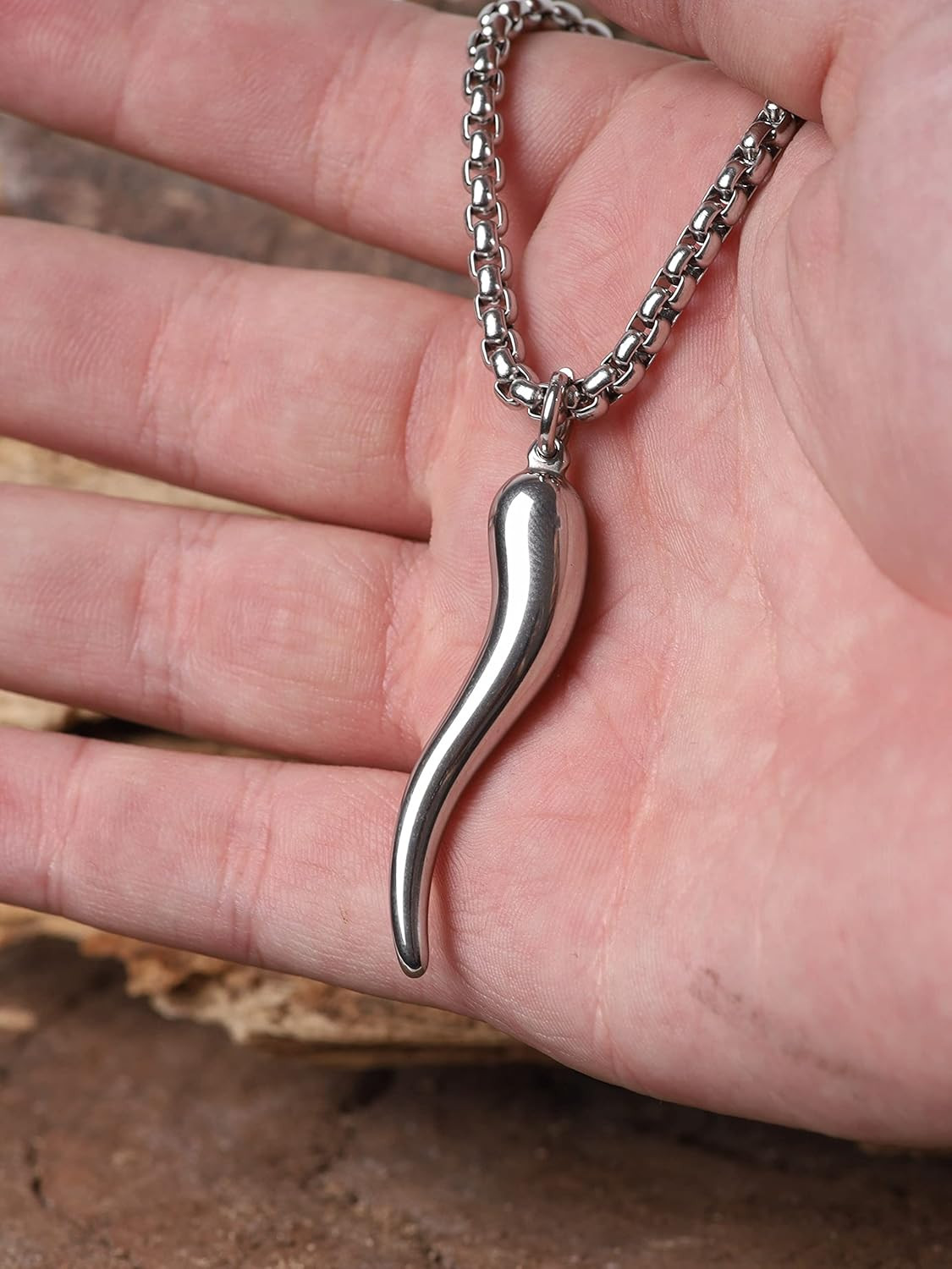 Italian Horn Necklace, Stainless Steel Cornicello Horn Amulet Charm Pendant, Box