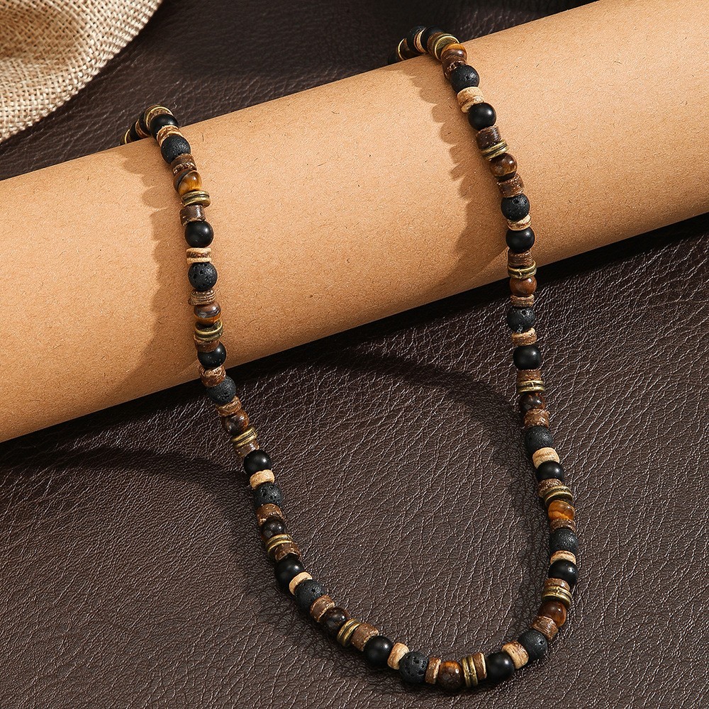 Mens Boho Necklace Tiger Eye Lava Stone Wood Beads Surfer Handmade Choker New