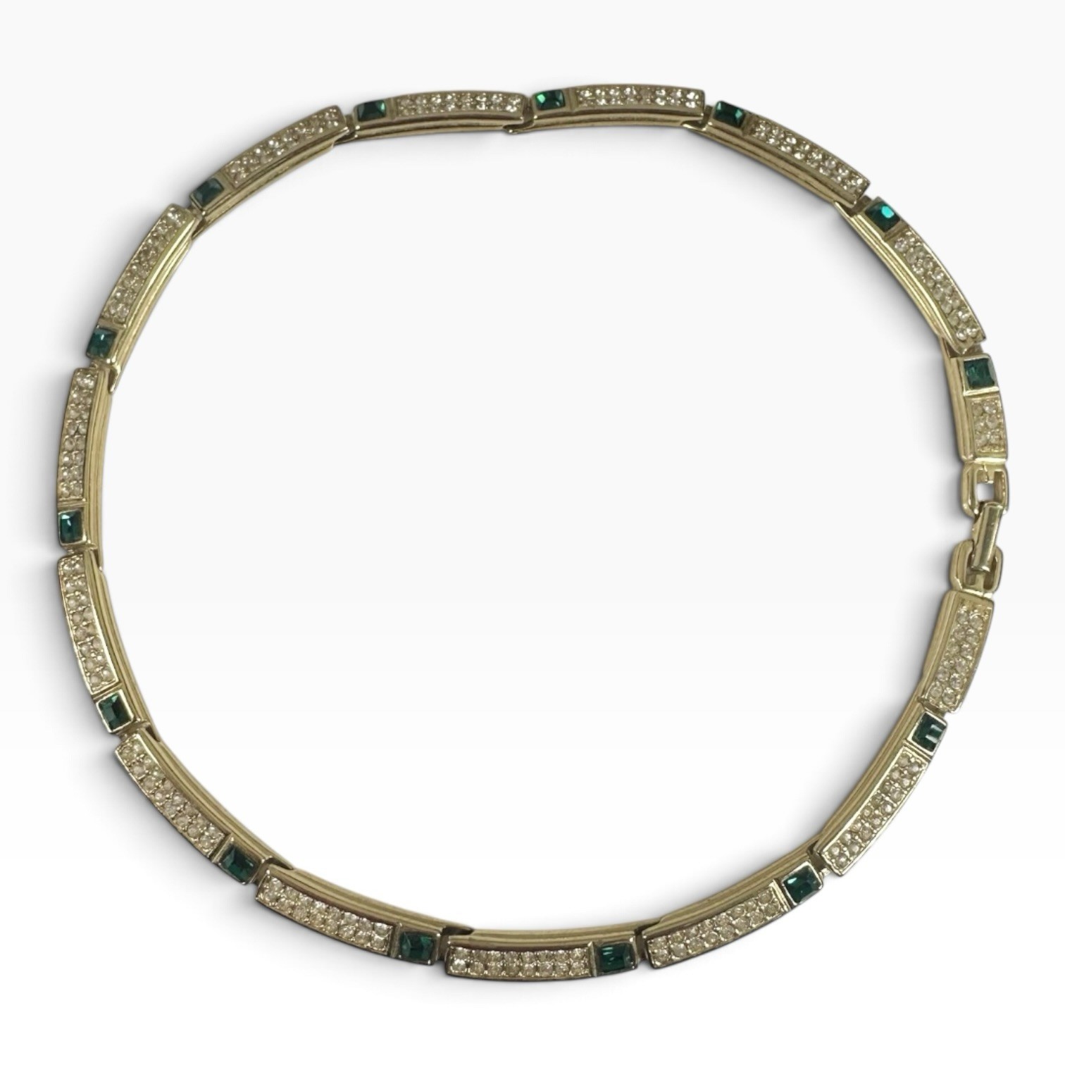 Givenchy Necklace Gold Tone Green Crystal Rhinestone Collar Tennis 15 In Jewelry