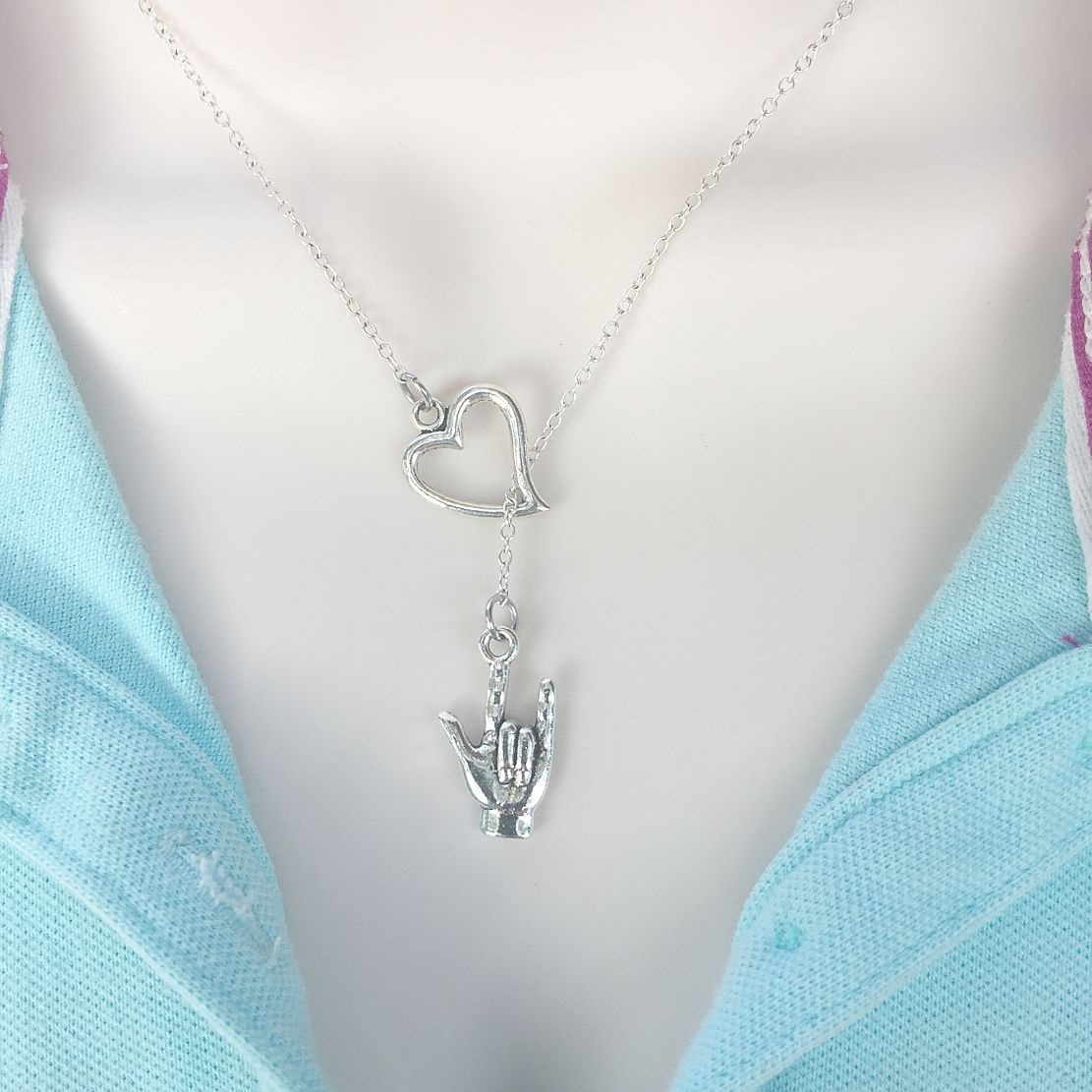 I Love You in “Sign Language” Antique Silver Lariat “Y” Necklace.