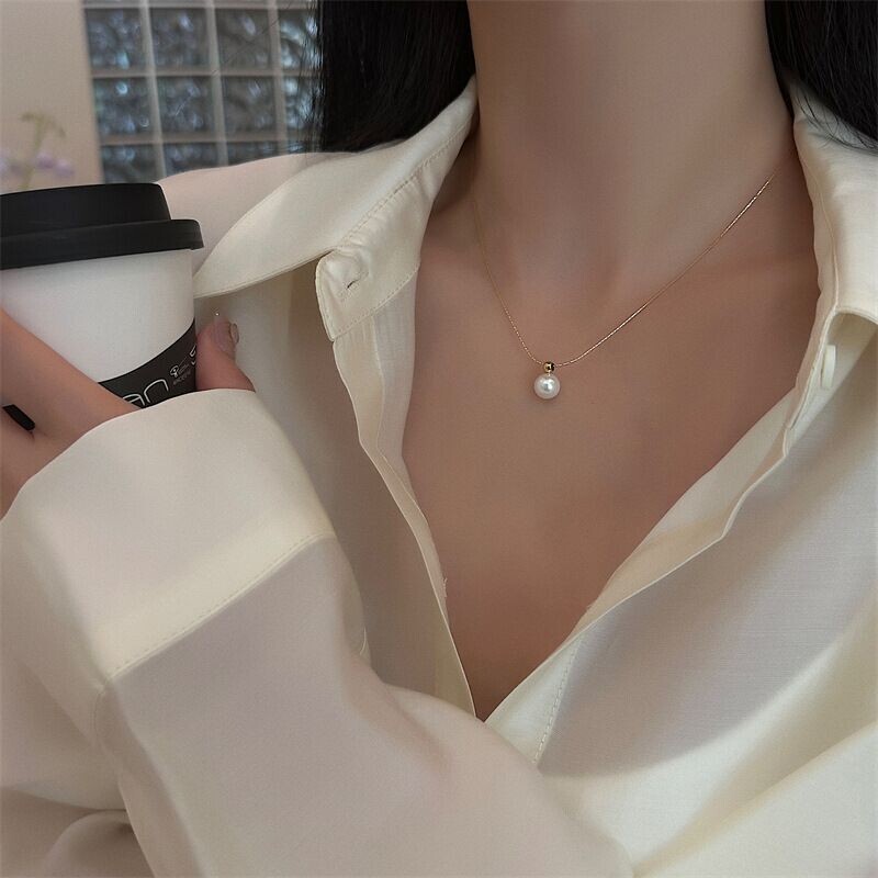 Woman 18K Gold Plated Golded Bead Ball Pearl Charm Necklace Chain