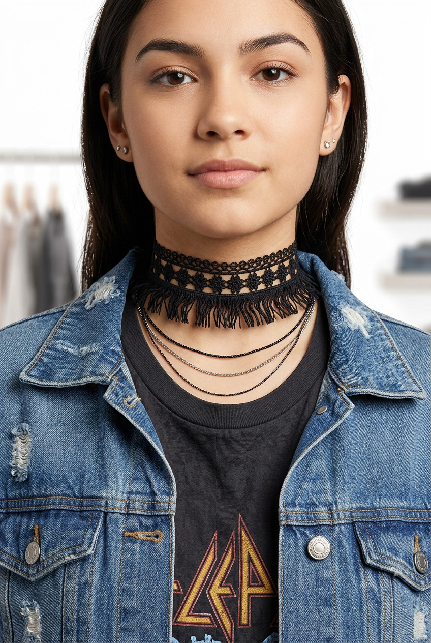 Women Tassel Strand Fringes Cool Style Fashion Black Fabric Choker Necklace