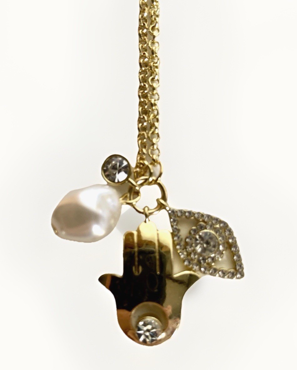 Adjustable Gold Tone BaubleBar Necklace with Charms, Hamsa, Evil Eye, etc 17-20″