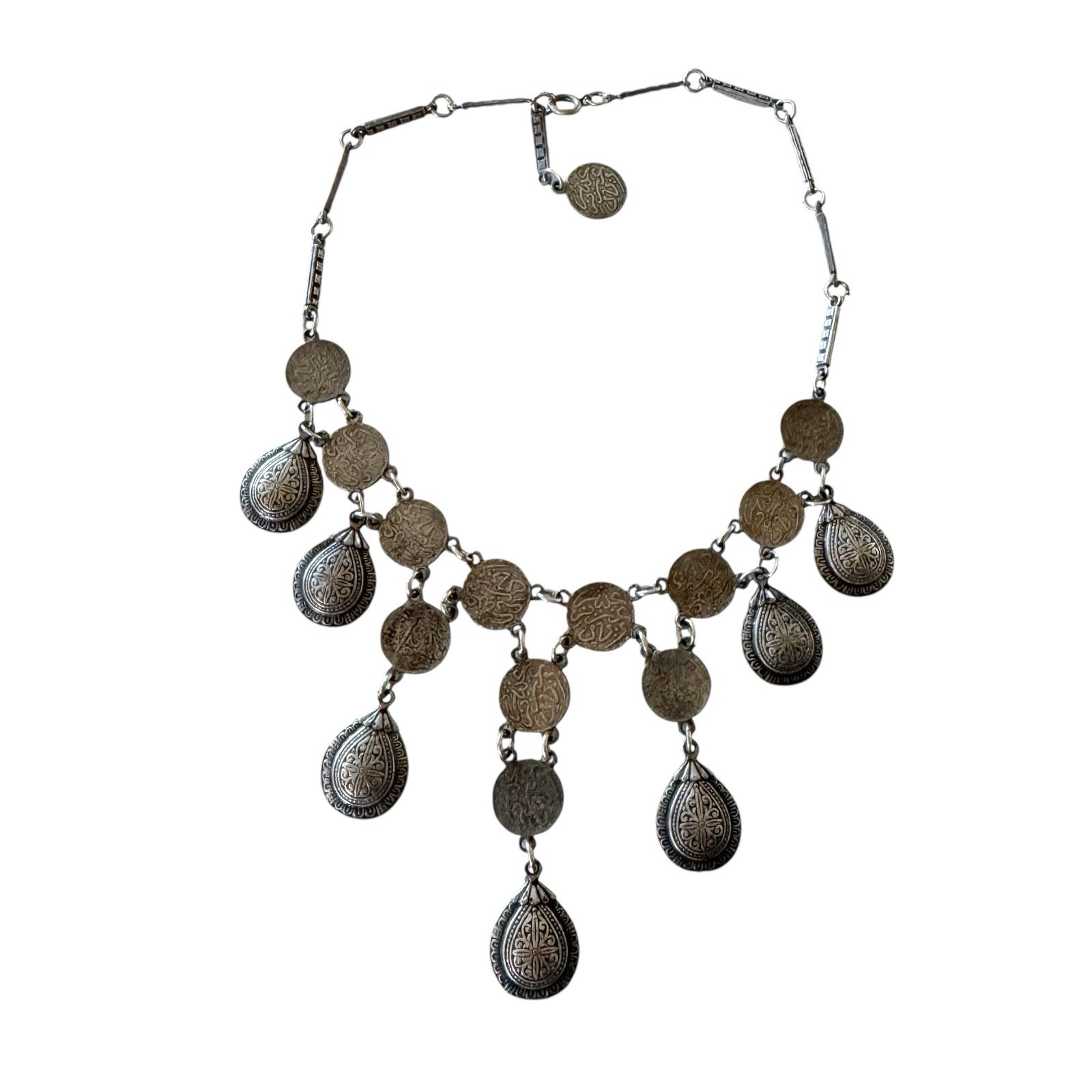 Silver Tone Metal Tear Drop Dangle Bib Coin Necklace