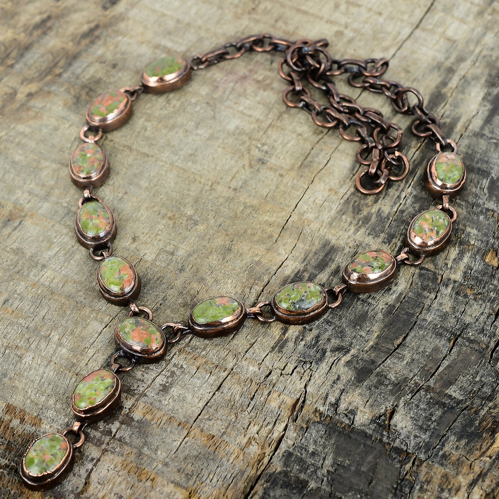 Oval Unakite Gemstone Chain Bezel Electroformed Wife Anniversary Necklace Copper
