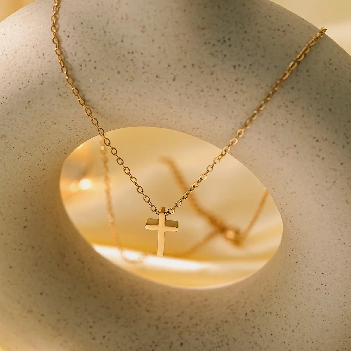 18K PVD Gold Plated Stainless Steel Cross Necklace for Women, Simple Dainty