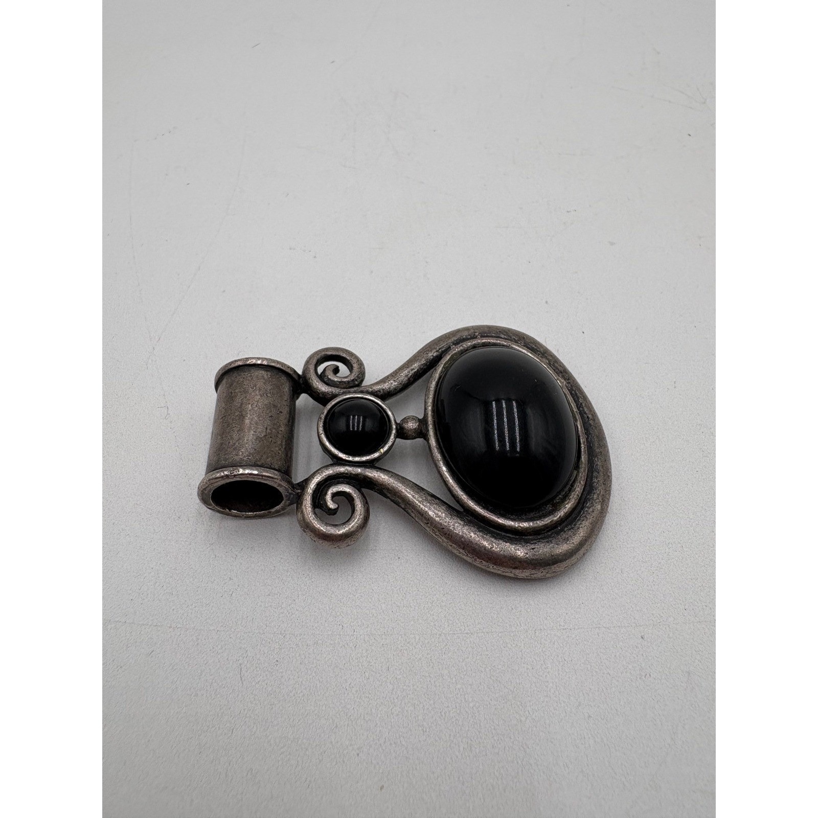 Vintage Silver Tone Black Cabochon Scroll Statement Pendant Large Bail Boho