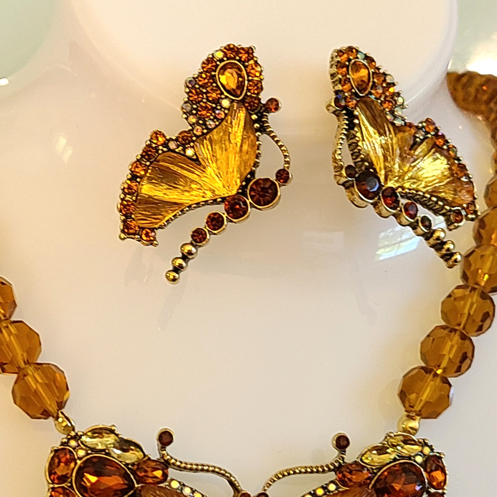 MAGNIFICENT HUGE 2 3/4 ” BUTTERFLY NECKLACE AND EARRINGS SET FACETED CRYSTALS