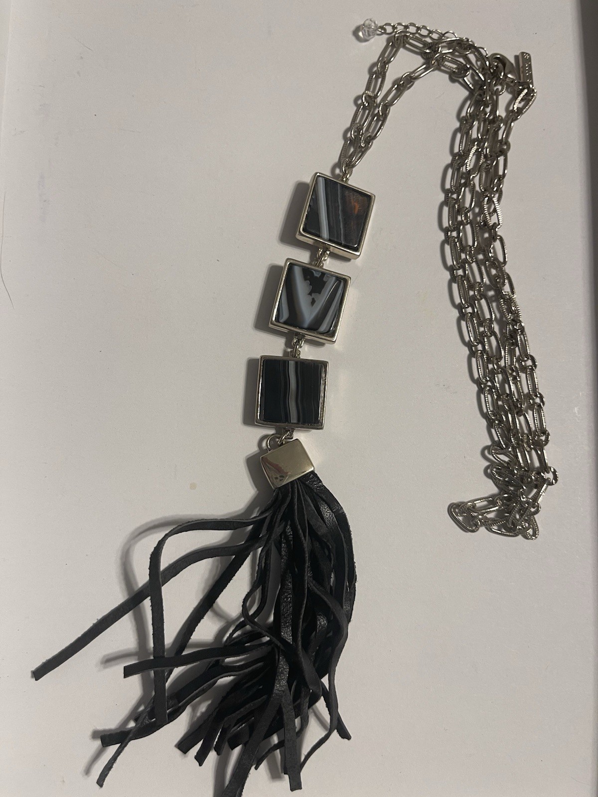 Silver Tone Cable Chain Necklace Agate Square Pendant w/ Tassel Adjustable