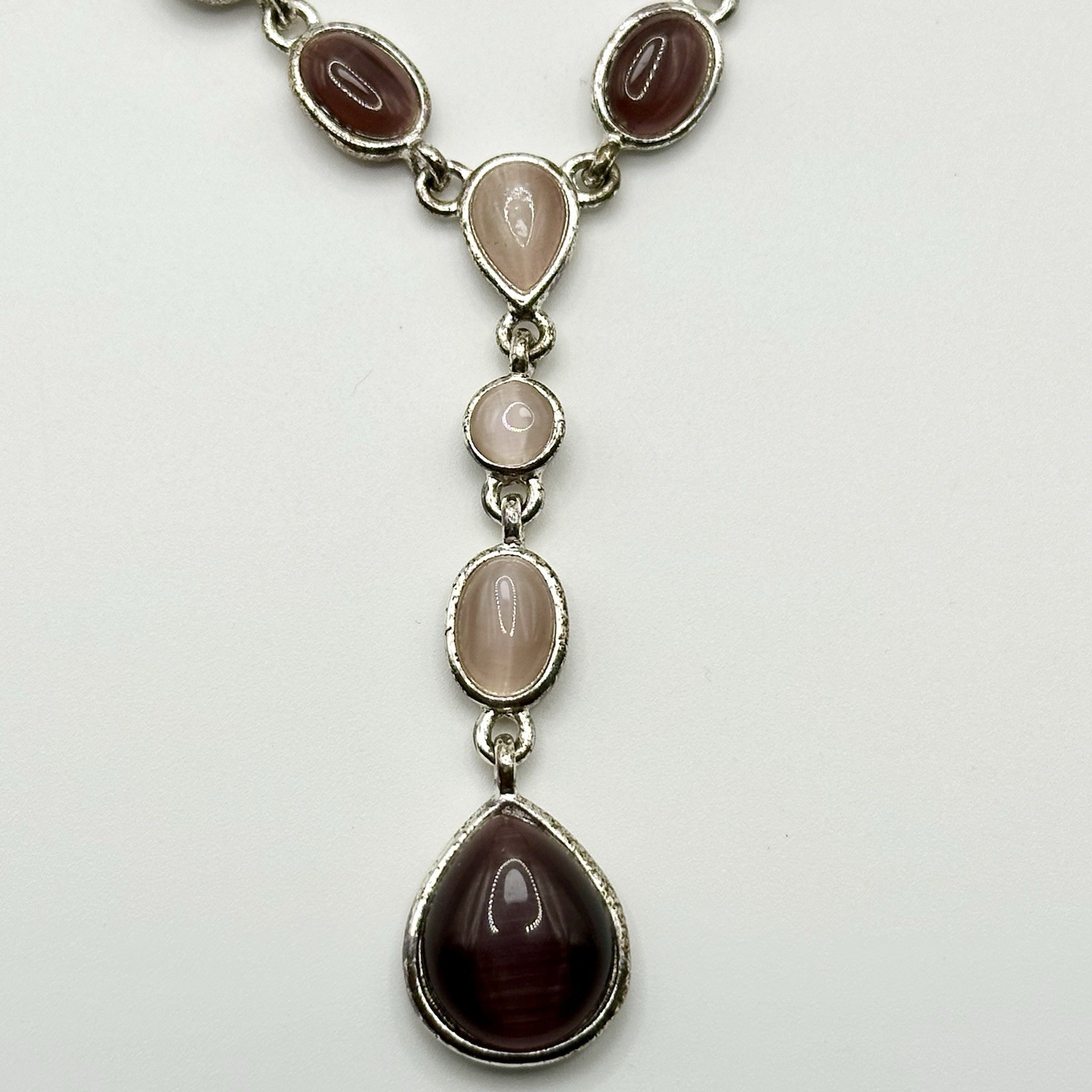 Purple Glass Cats Eye Necklace Silver Tone Layered Multi Strand 16-18”
