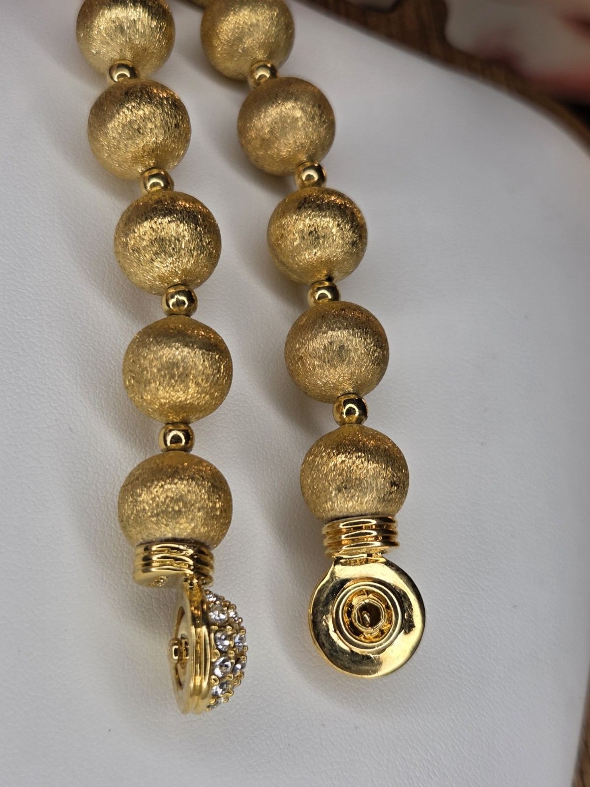 Gold Tone Beaded Necklace, Pavé White Crystal Round Charm Magnetic Snap Clasp