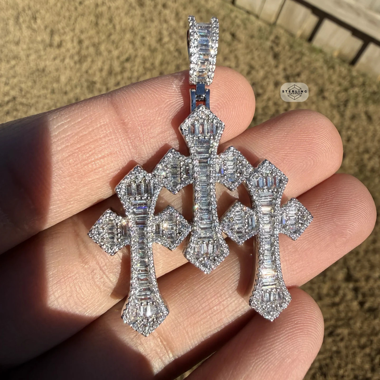 Triple Cross Baguette 14k White Gold Plated Iced Pendant + Steel Rope Chain