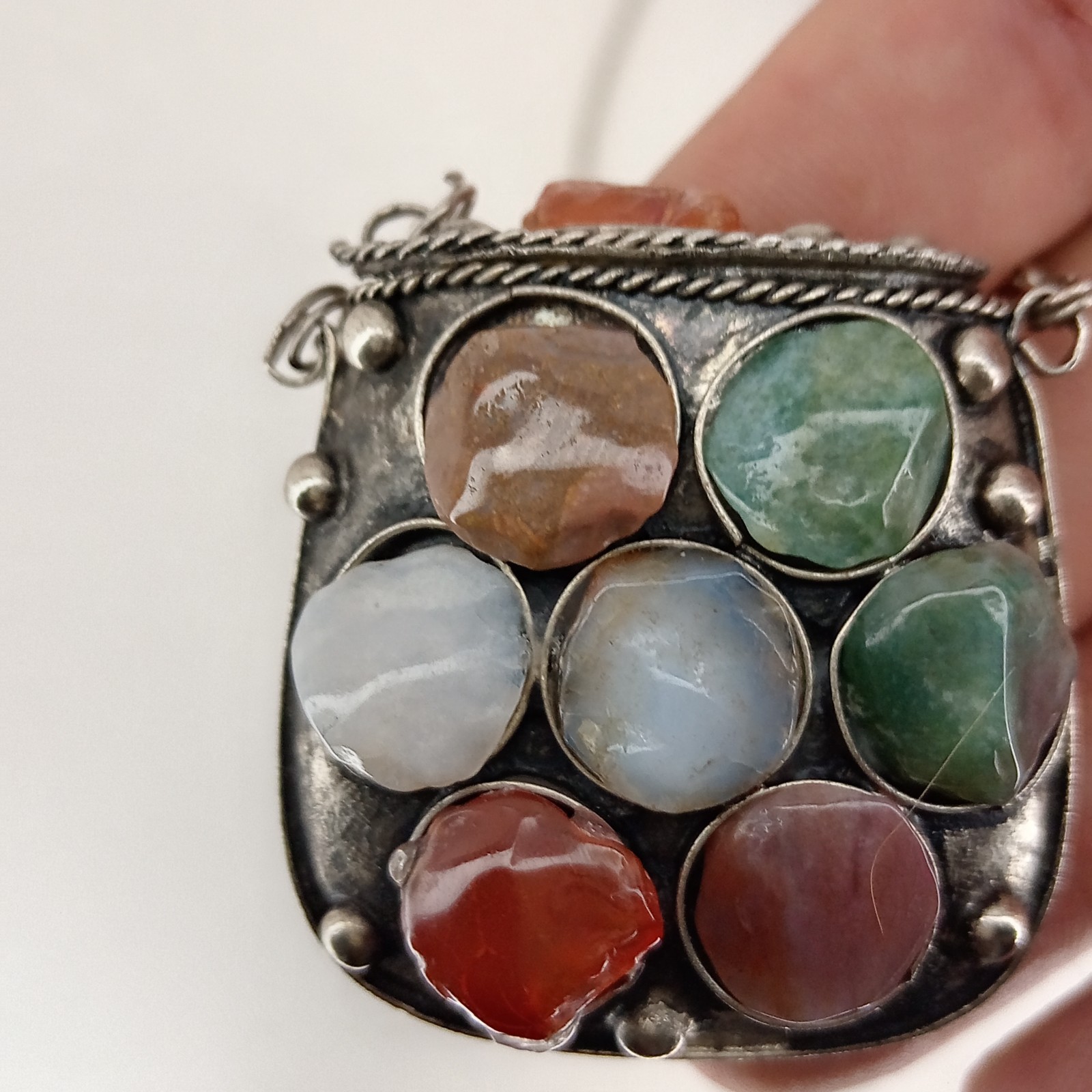 India 45MM Gemstone Antique Silver Brass Poison Locket Purse Pendant Necklace