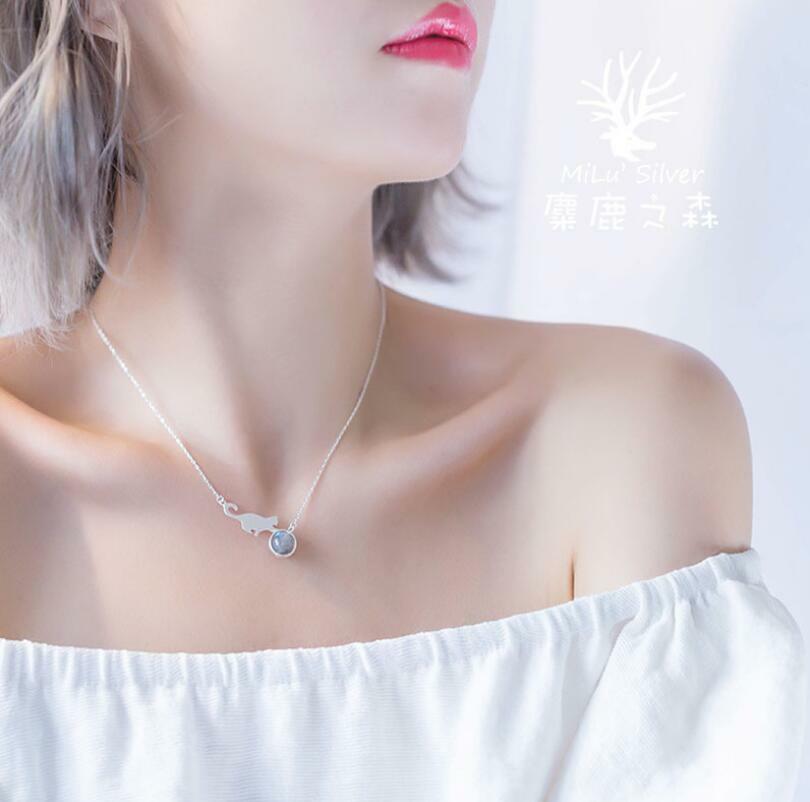 Tiny Crystal Ball & Cat Silver SP Pendant Chain Kitten Necklace