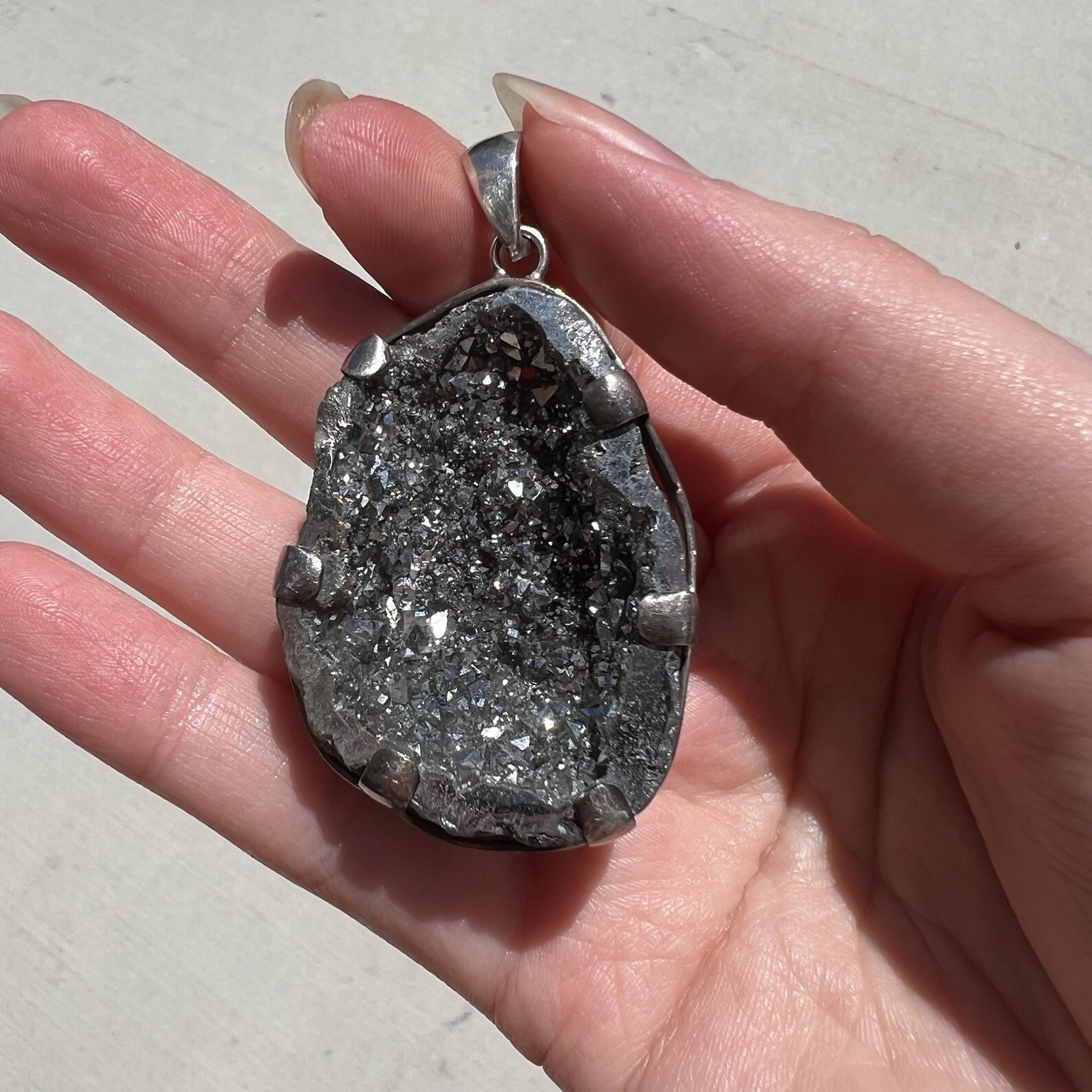 Grey/Black Druzy Geode Pendant 925 FNA VERY SPARKLY Round Back Handmade Jewelry