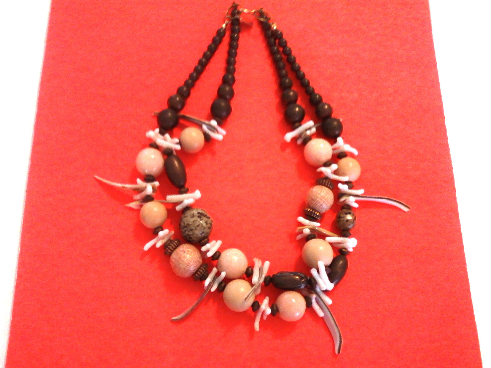 Vtg Ethnic Wood Bead Necklace Two Strand Multicolor Peach Bronze Brown By Paula