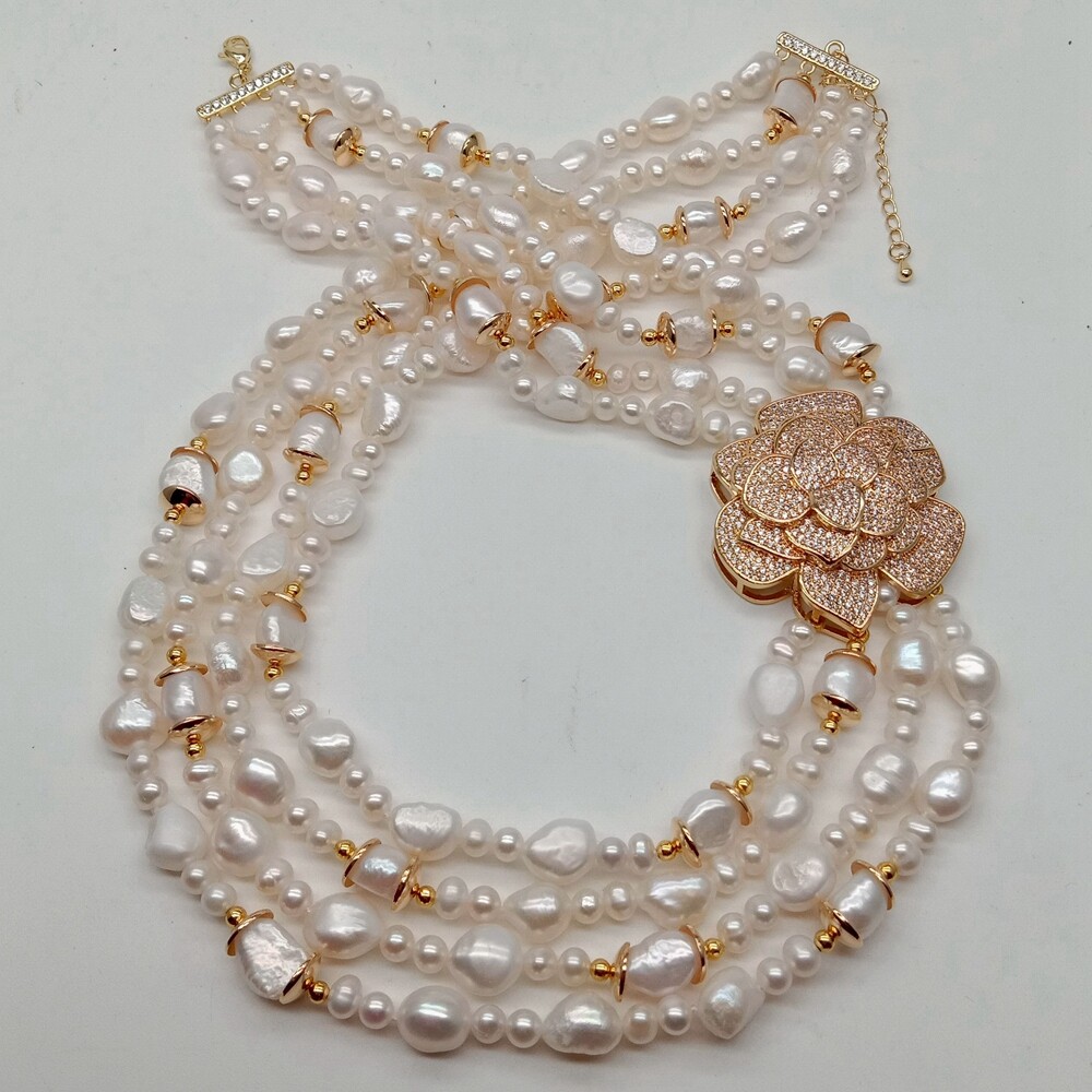 4 Strands Cultured White Baroque Pearl Cubic Zirconia Pave Pendant Necklace 19