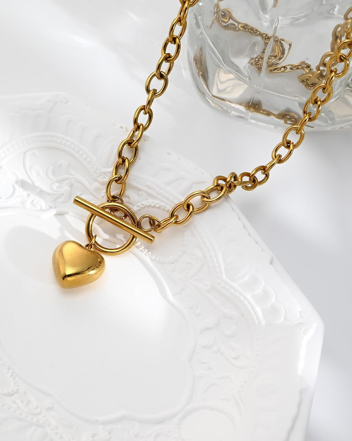 14K Gold Plated Heart Pendant Necklace for Women Trendy Chunky Link Chain Toggle