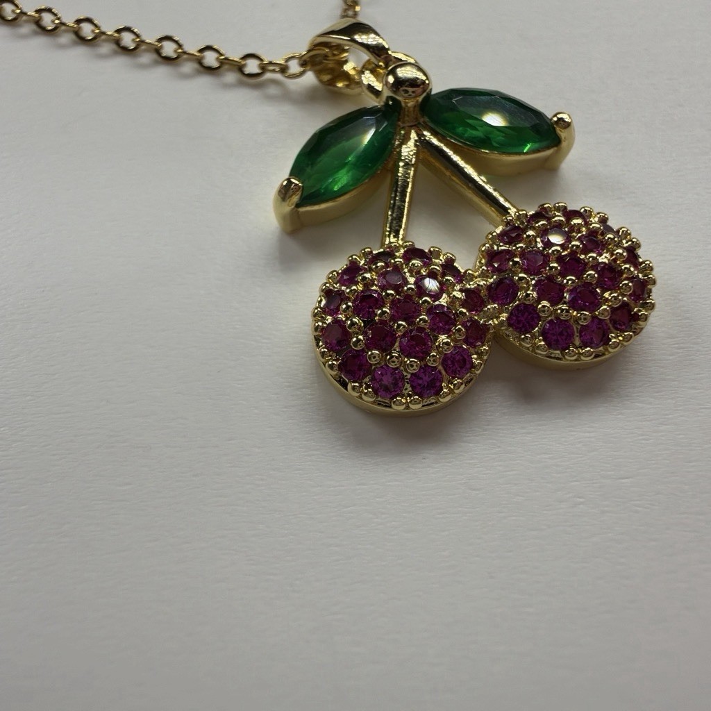 Gold Tone Stainless Steel Cable Necklace Cherry Charm Pendant Pink Crystals