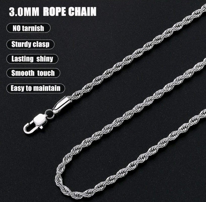 3mm Rope Chain Stainless Steel Necklace for Men, Silver Tone Mens Chain Necklace