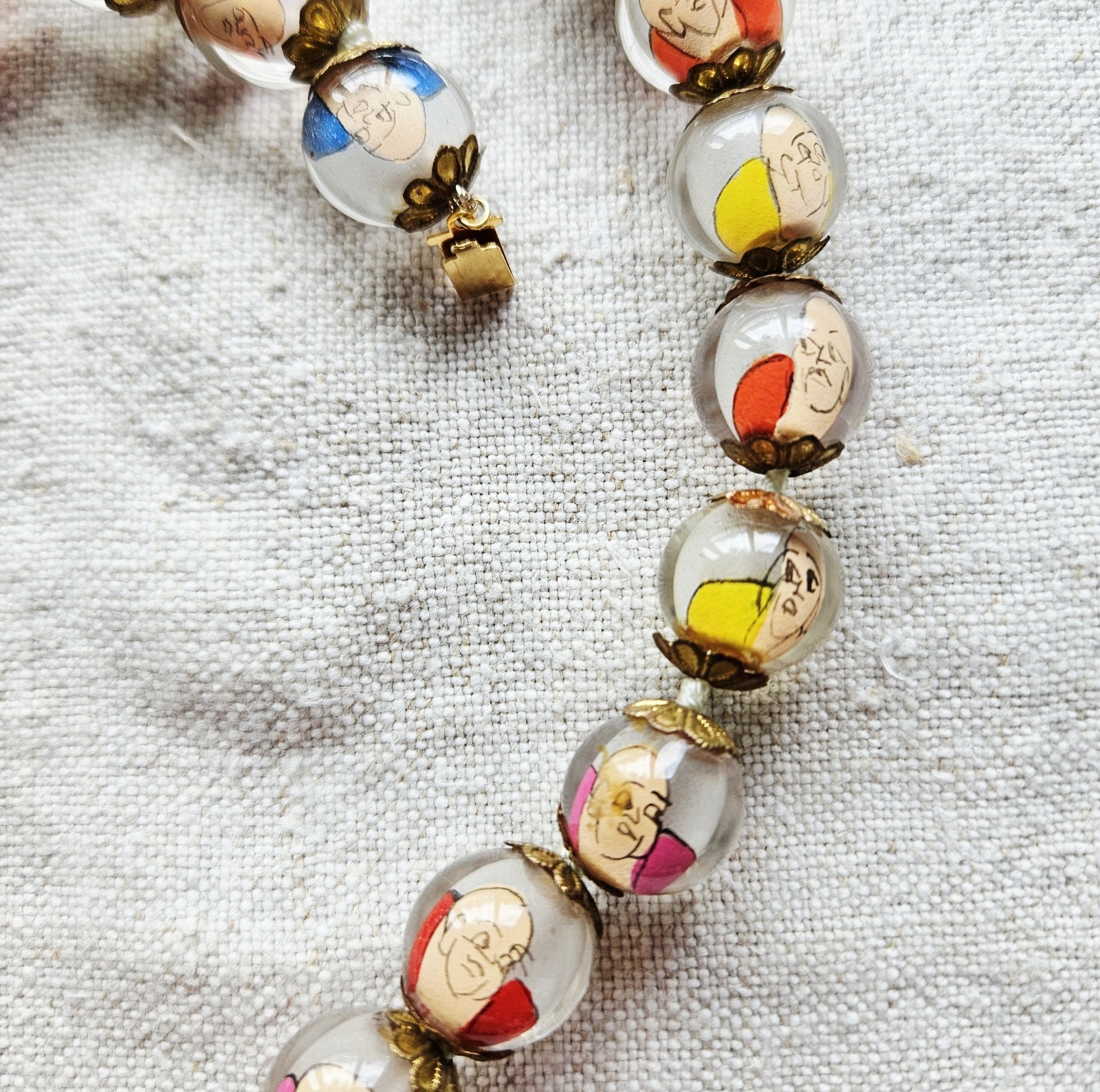 Chinese Prayer Buddha Glass Reverse Painted Beaded Cinnabar Pendant Necklace