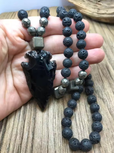 Black Obsidian Arrowhead Pendant lava Rock Pyrite Beads Meditation Necklace