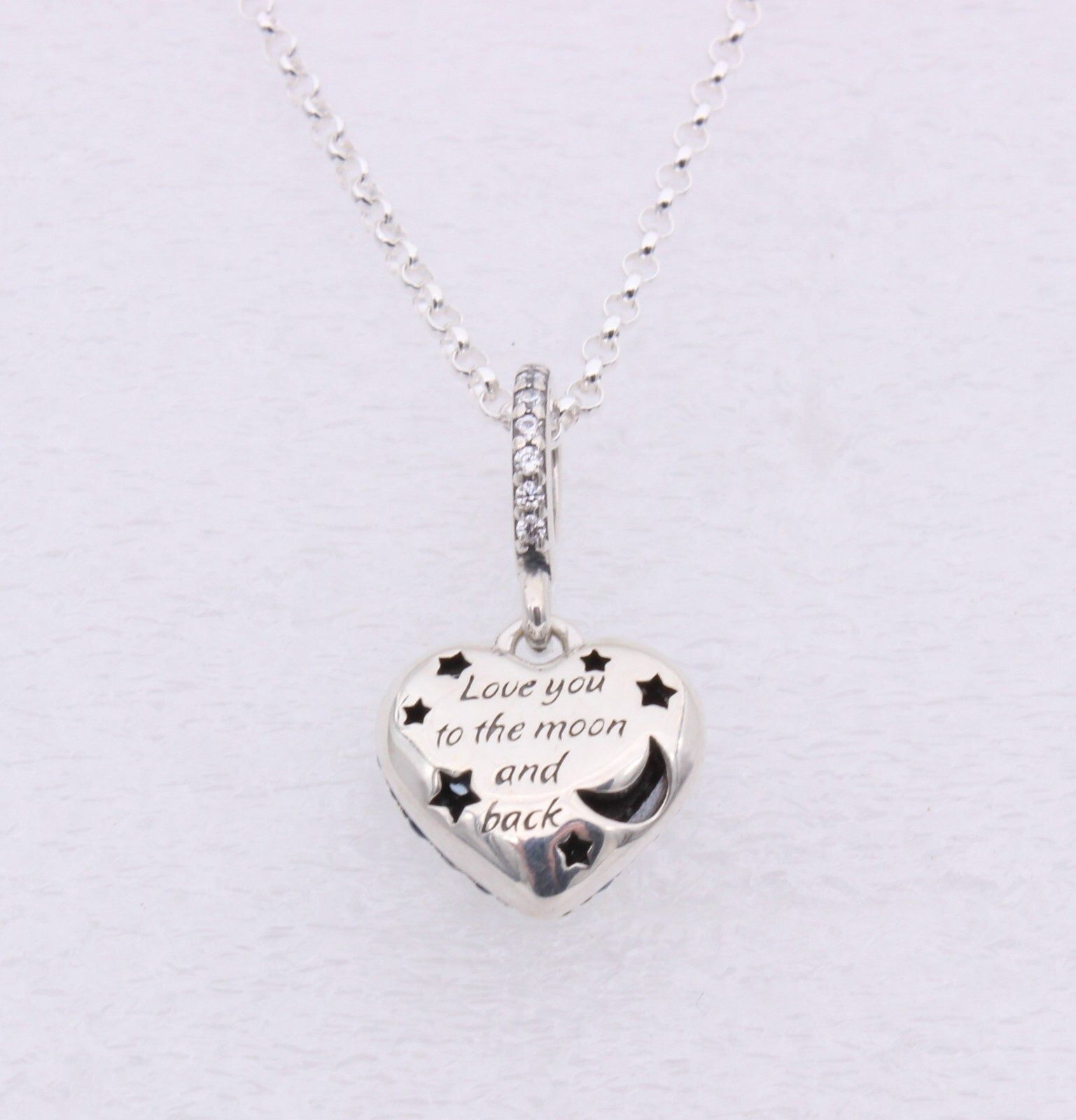 New PANDORA Sparkling Blue Moon & Stars Heart Silver Necklace Valentine’s Day