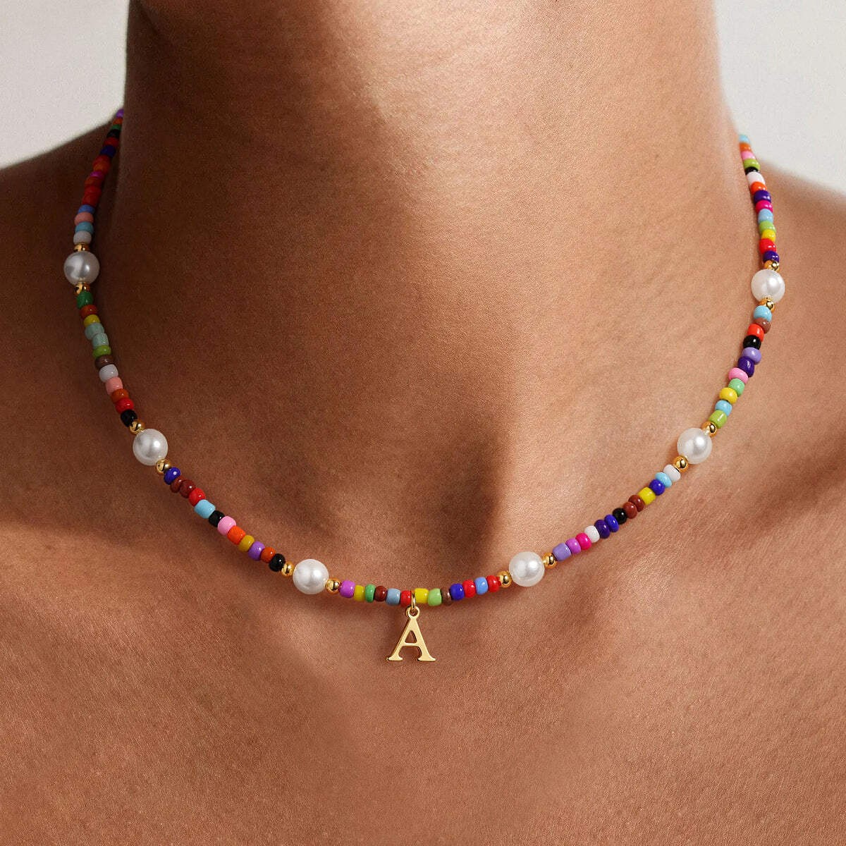 Turandoss Pearl Beaded Choker Initial Necklace for Women Girl Birthday, 15+2.5In