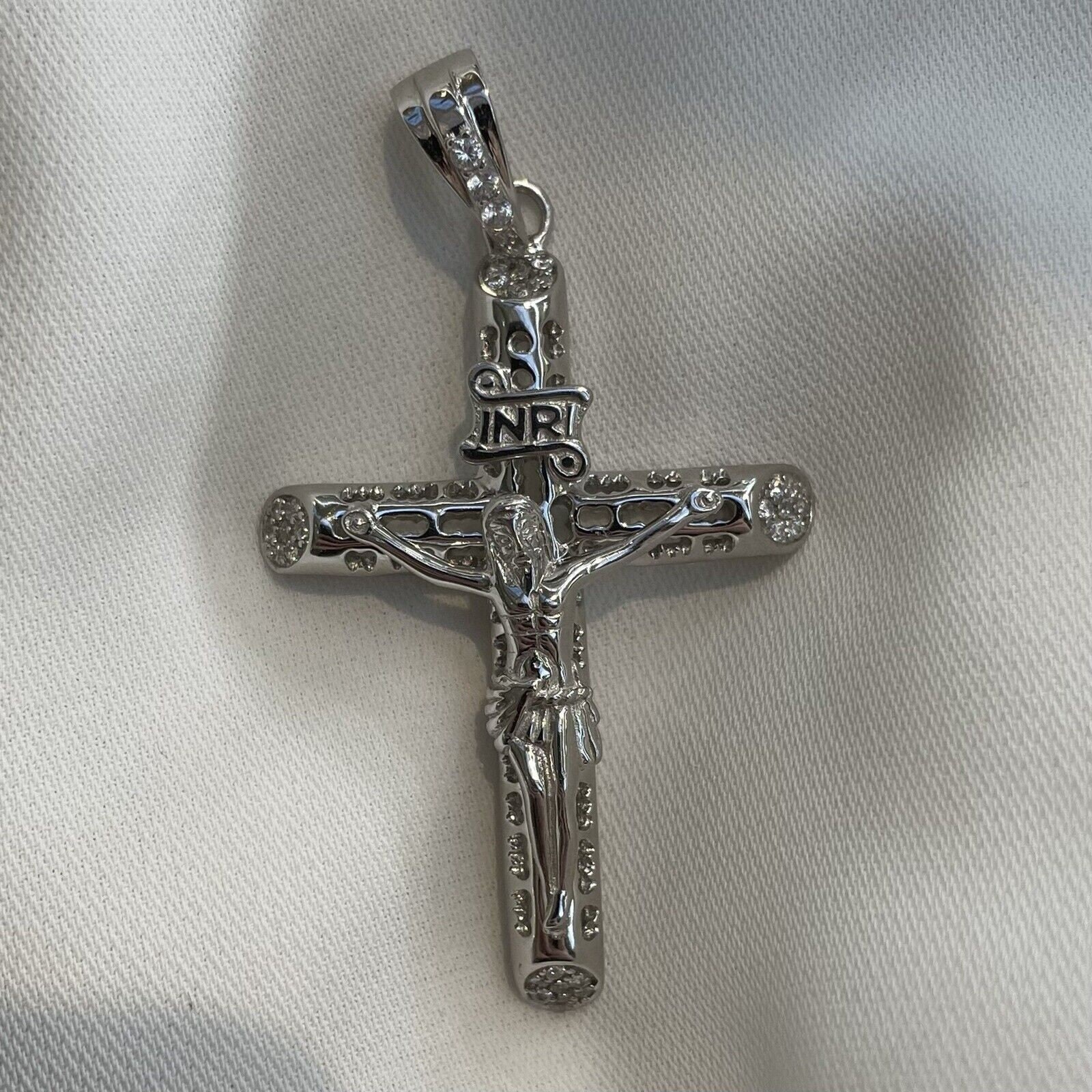Sterling Silver CZ Crucifix Pendant Set Cross 13.60 Grams – Gift Boxed Pendant