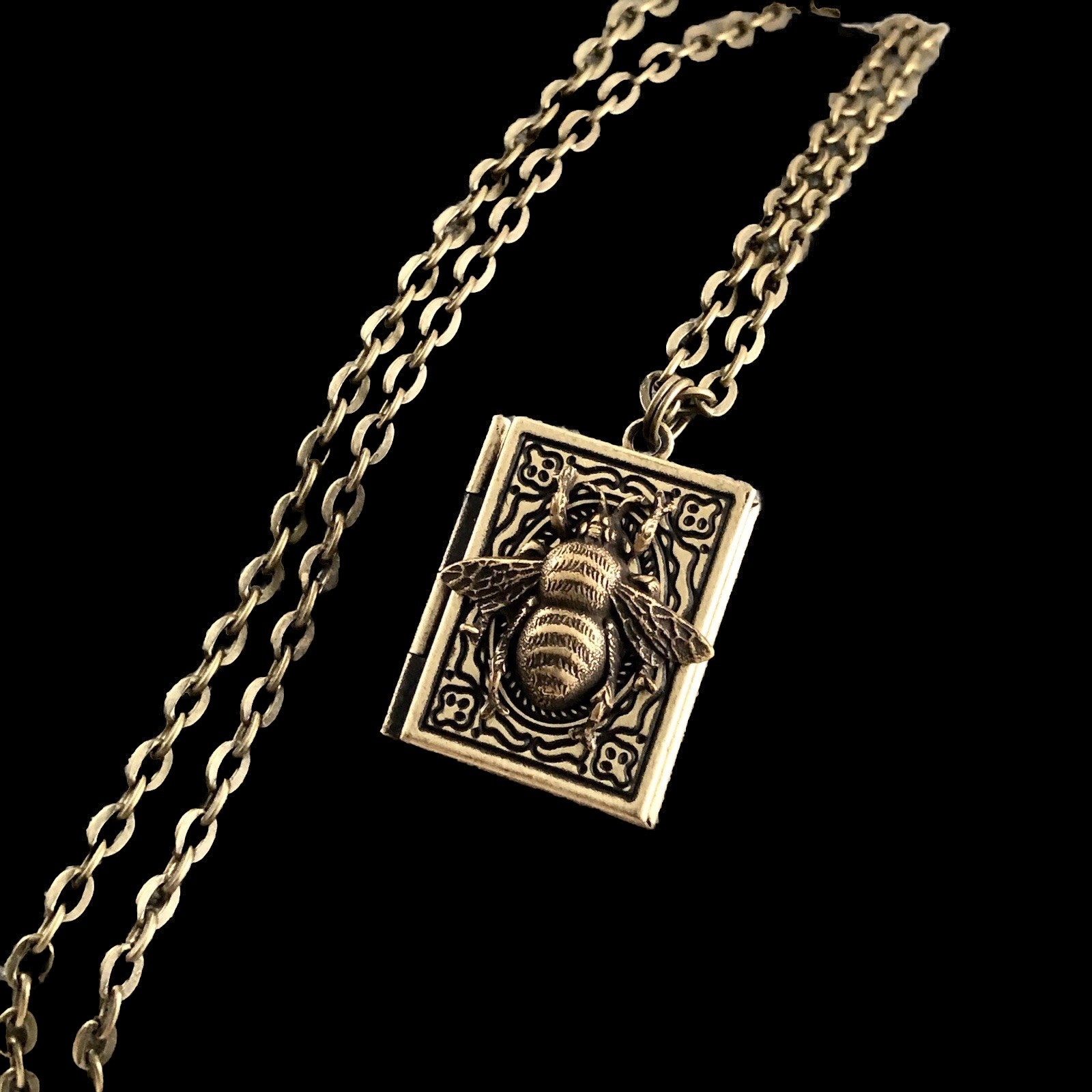Bumblebee Honey Bee Photo Diary Book Locket Necklace, Antiqued Brass Vtg Pendant