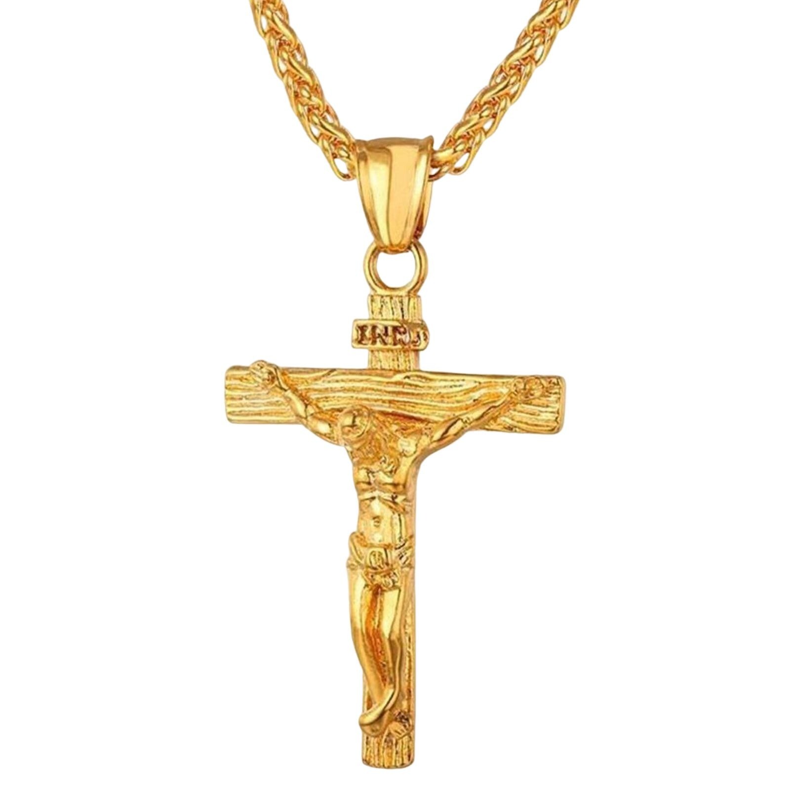 Mens Gold Stainless Steel Jesus Christ Crucifix Cross, Necklace Chain 24″