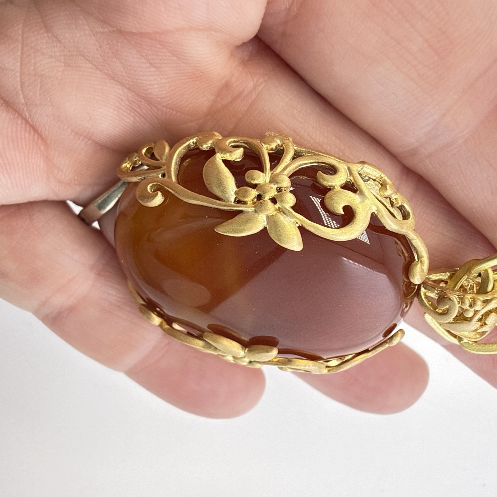Sheila Fajl Necklace Floral Flower Faux Carnelian Gold Tone Brazil Chain Link