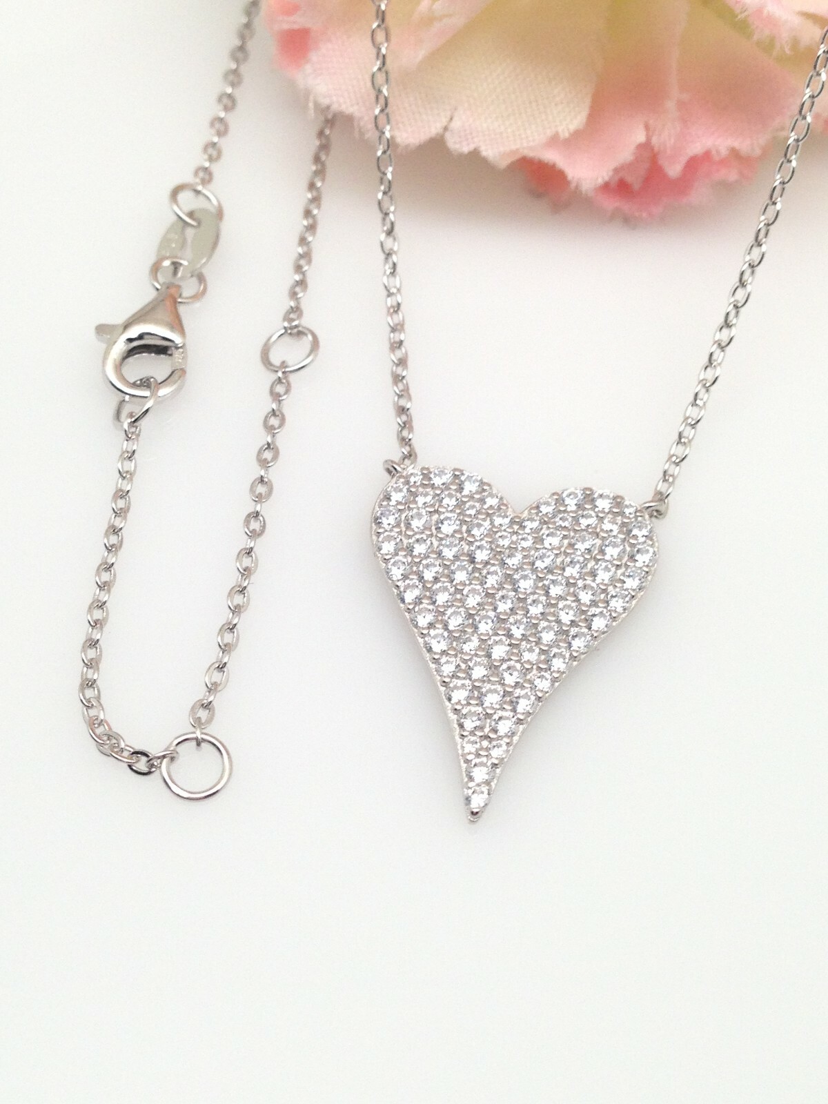 Cz Heart Pendant Necklace 925 Sterling Silver Pave Cz Heart Love Charm 19mm0.75″