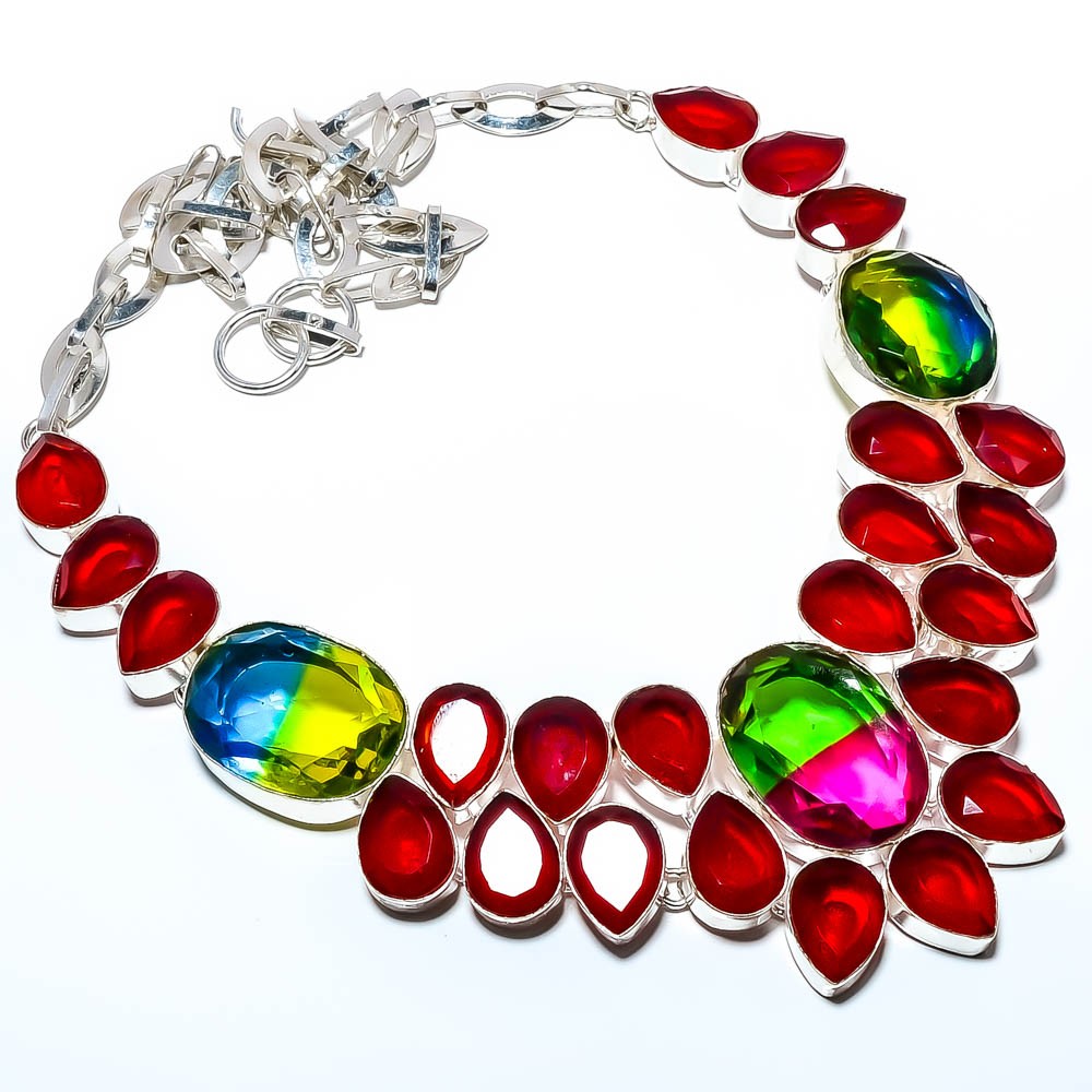 Bi Color Tourmaline & Garnet Gemstone 925 Silver Plated Necklace 17.99″ T83
