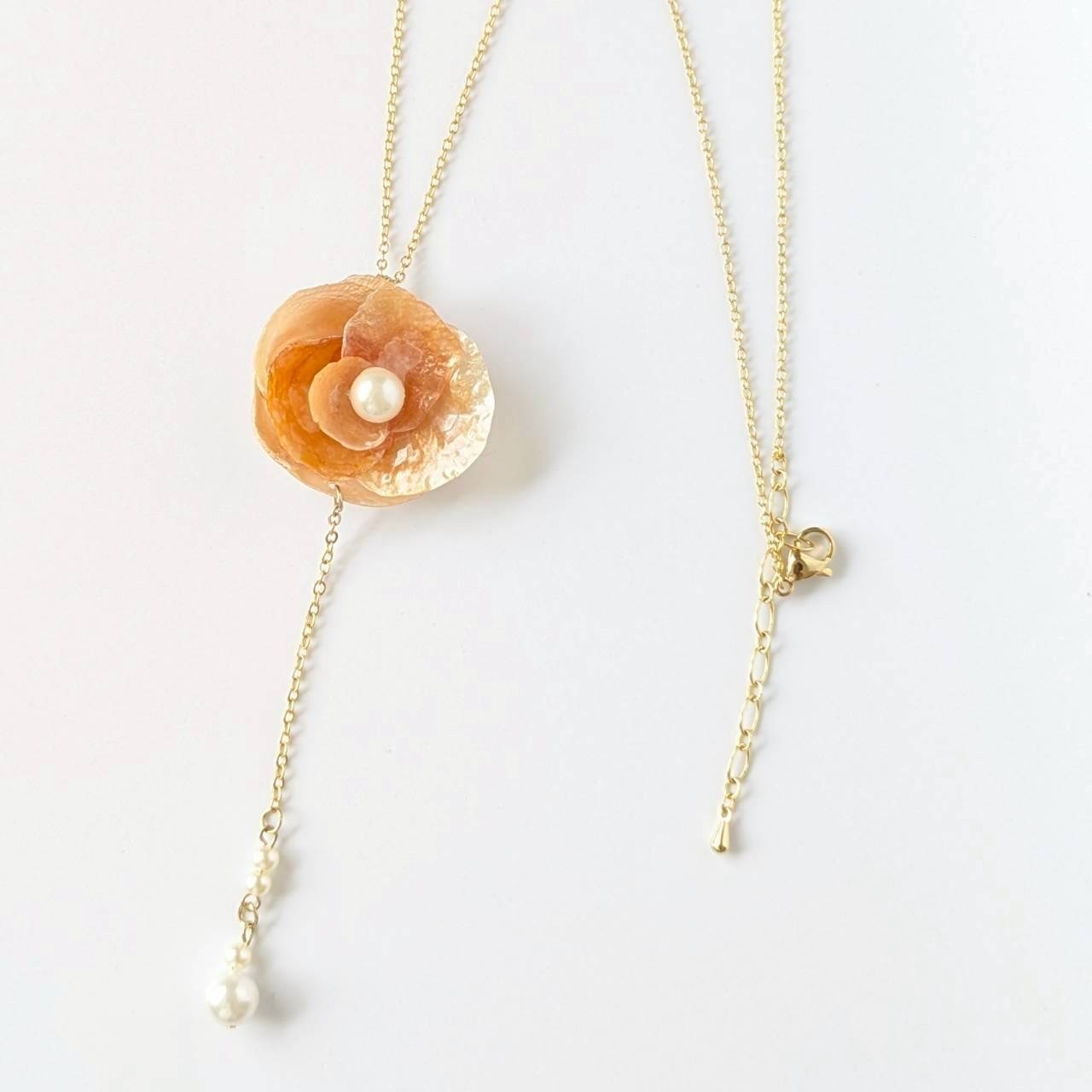 Handmade Japanese Orange Shell Flower Y-Necklace, Coastal Boho Pearl Lariat Jewe