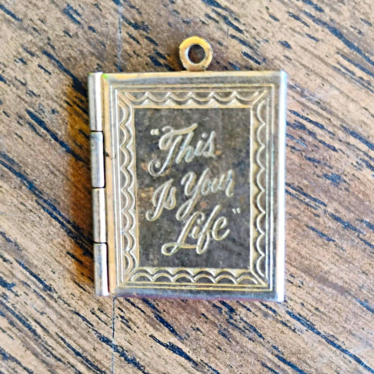 Gold Tone Rectangle Locket Pendant, Engraved “This Is Your Life”, No Stone