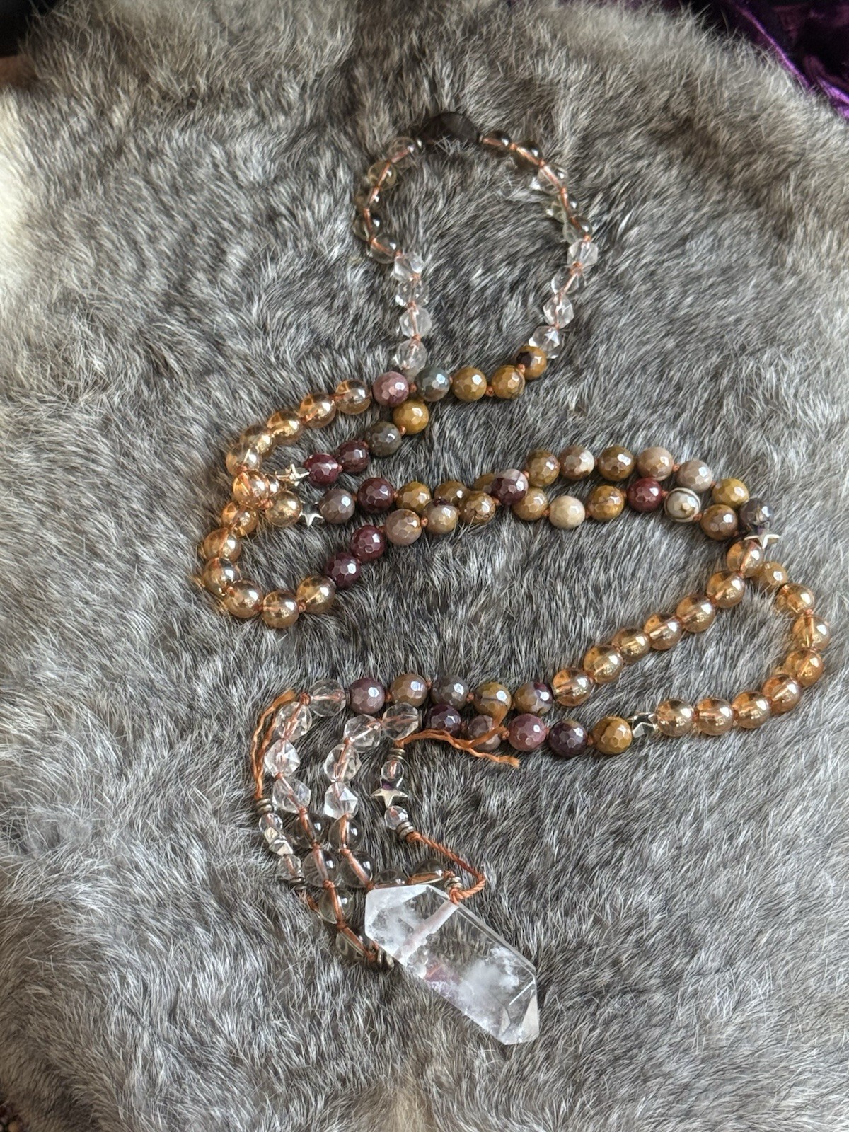 Clear quartz mookaite Jasper citrine Smokey quartz beaded mala necklace pendant