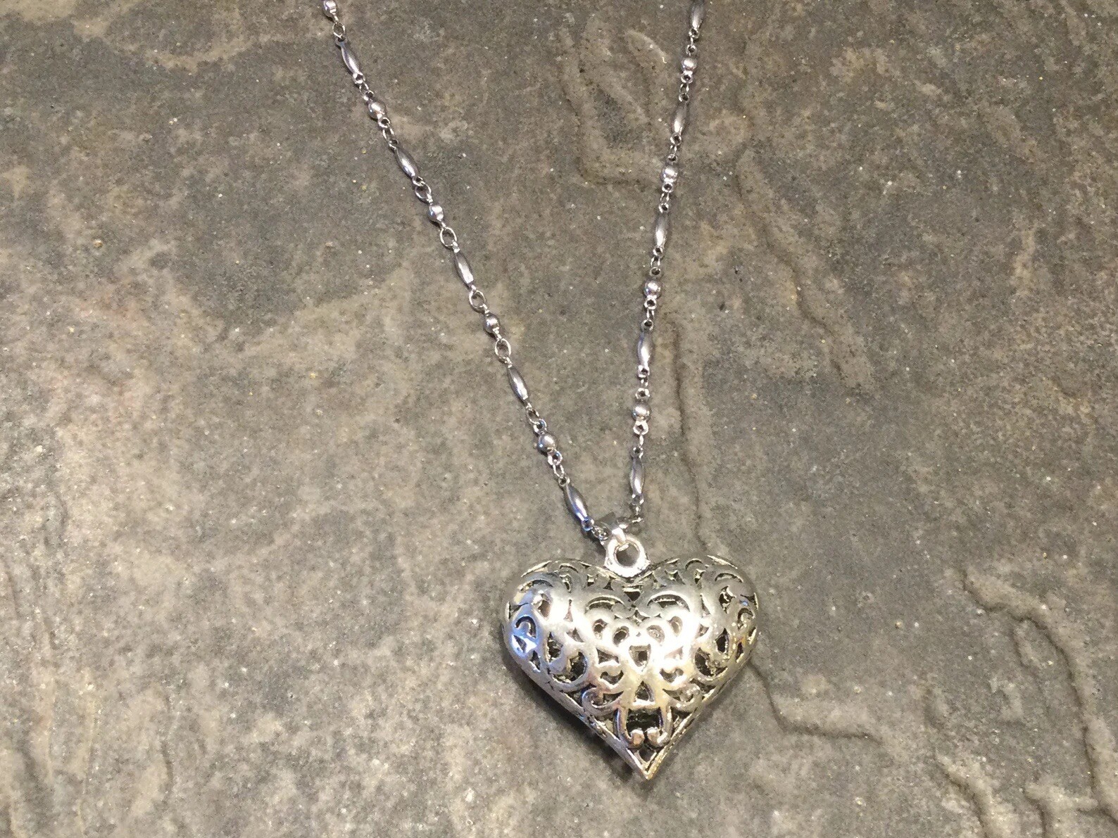 NEW Extra Long filigree heart necklace with beaded Chain 34” and Toggle Clasp