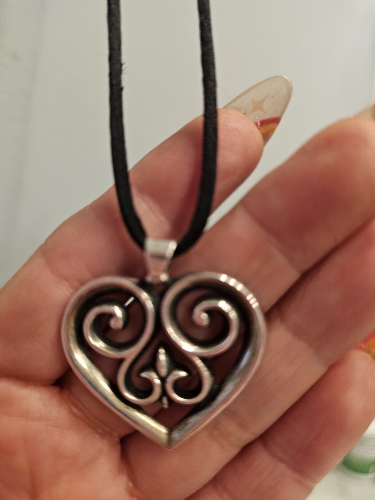 Retired James Avery French Heart Pendant with Black Silk Cord 20in