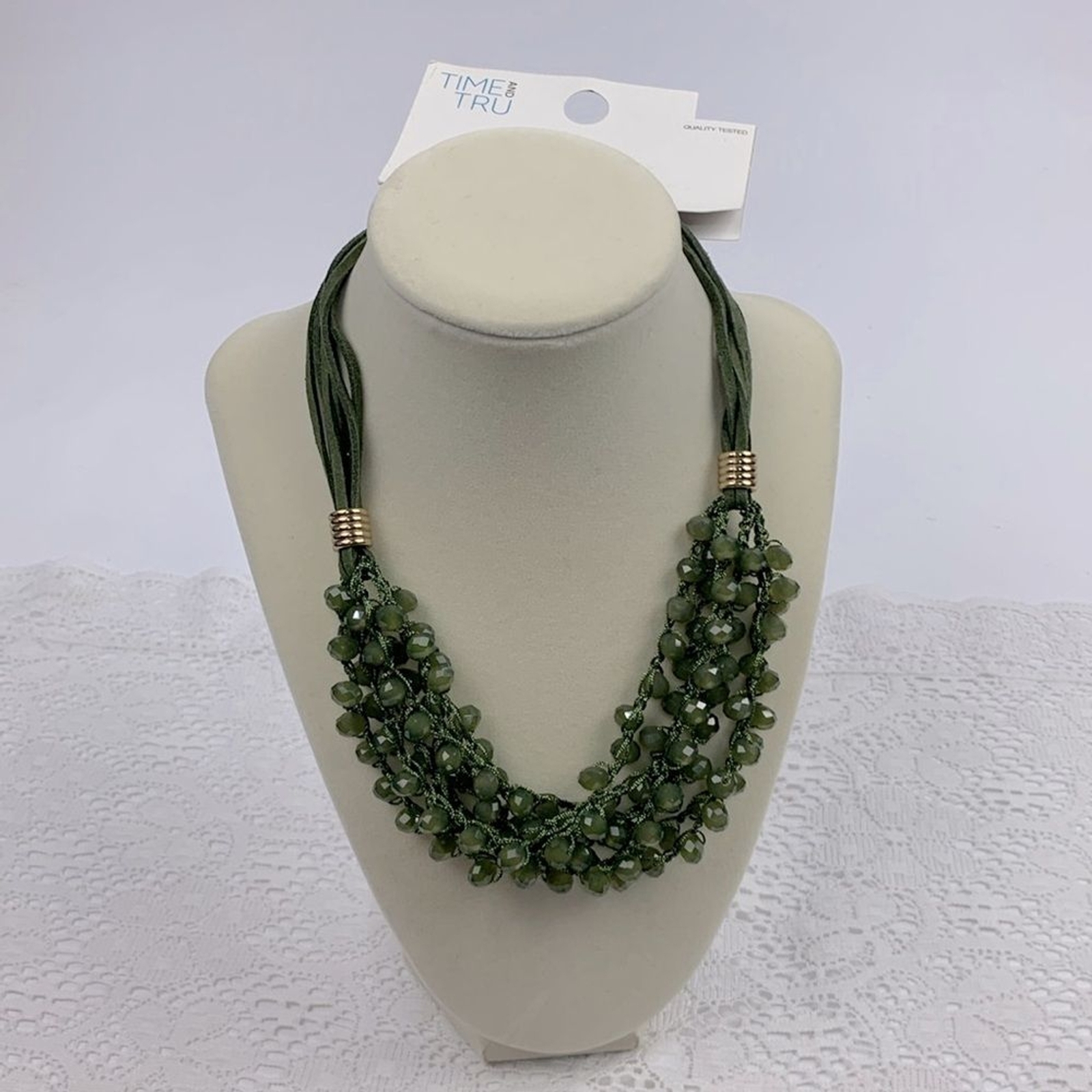 Time & Tru Glass Stone Statement Necklace Green Gold Faux leather 19”+ New NWT